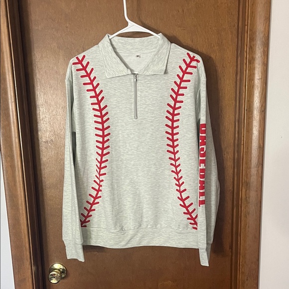 Baseball Themed Quarter-Zip Sweatshirt Gray Red Stitch Print Size M - Picture 1 of 5
